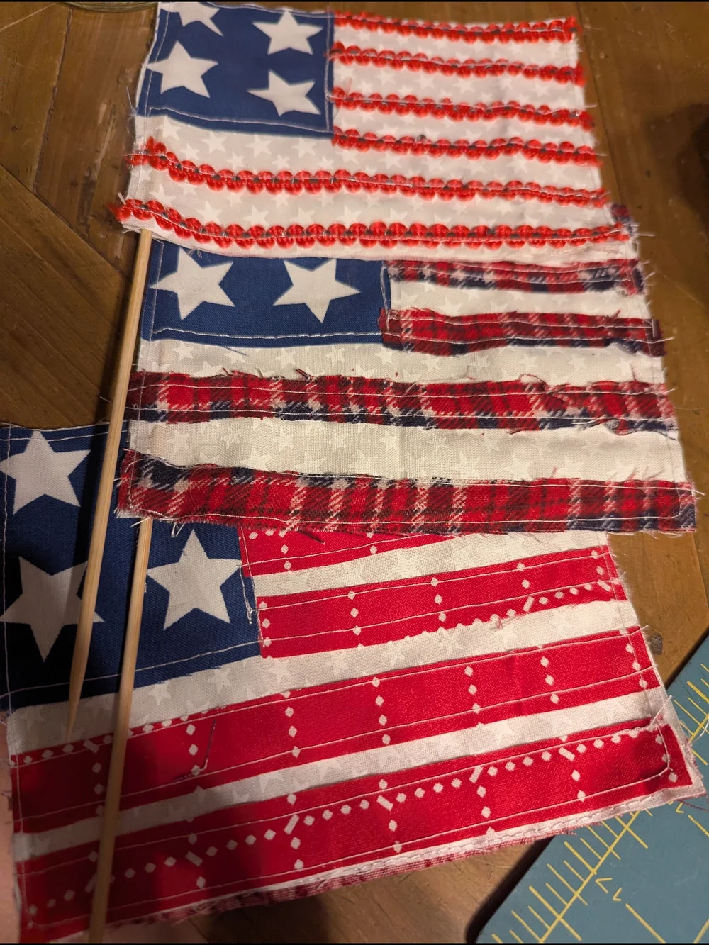 Set Of 3 Double Sided Handcrafted Red, White & Blue Fabric Flags- Patriotic